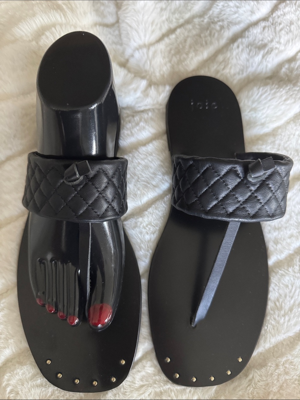 Joie Black Quilted Toe-Post Sandals with Gold Stud Accents